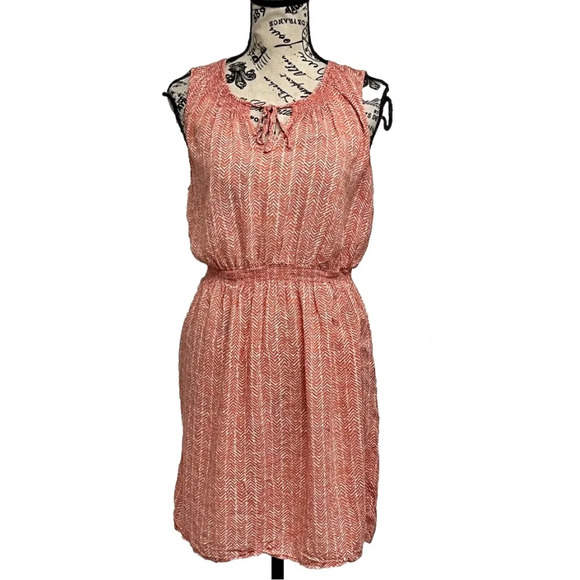 Ann Taylor LOFT Coral Chevron Blouson Mini Dress Size M Semi Sheer Beachy Boho - Picture 2 of 9